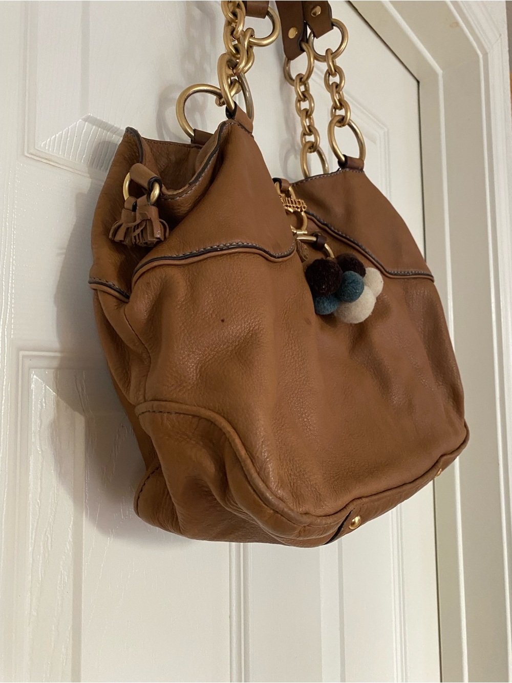 Juicy Couture Brown Leather Shoulder Bag with Pom-Pom Charm - Picture 2 of 8
